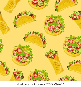 Seamless pattern with tacos, burritos and tostadas. Traditional Mexican cuisine. Latin American cuisine, menu concept. Banner, website, advertisement. Mexican cuisine menu, restaurant banners