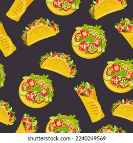 Seamless pattern with tacos, burritos and tostadas. Traditional Mexican cuisine. Latin American cuisine, menu concept. Banner, website, advertisement. Mexican cuisine menu, restaurant banners