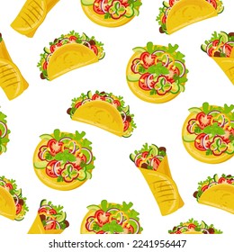 Seamless pattern with tacos, burritos and tostadas. Traditional Mexican cuisine. Latin American cuisine, menu concept. Banner, website, advertisement. Mexican cuisine menu, restaurant banners