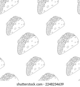 Seamless pattern with Tacos from meat, vegetables pointing in different directions. Mexican cuisine