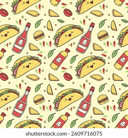 A seamless pattern tacos, nachos, burritos, and hot sauce bottles for Cinco de Mayo