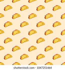 Seamless pattern with tacos on yellow background. Vector illustration of traditional mexican food in cartoon style