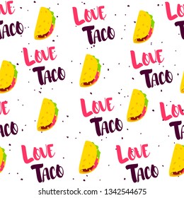 Seamless pattern with tacos and text on white background. Vector mexican banner.