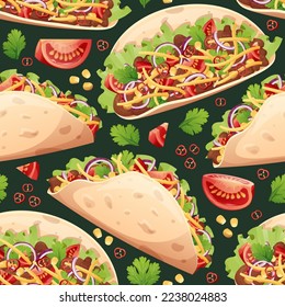 Seamless pattern with tacos. Texture with traditional mexican food. Great for wallpapers, menu decor, restaurants.