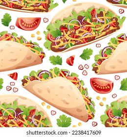 Seamless pattern with tacos. Texture with traditional mexican food. Great for wallpapers, menu decor, restaurants.