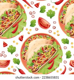 Seamless pattern with tacos. Texture with traditional mexican food. Great for wallpapers, menu decor, restaurants.