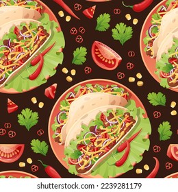 Seamless pattern with tacos. Texture with traditional mexican food. Great for wallpapers, menu decor, restaurants.