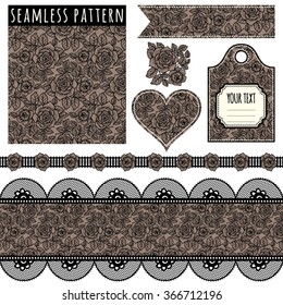 Seamless pattern, tags, vintage borders and elements. Templates. Set. Pattern with roses