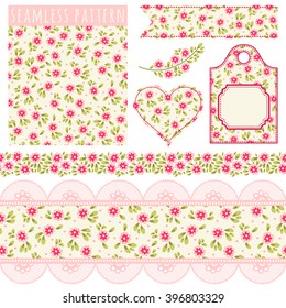 Seamless pattern, tags, vintage borders and elements. Templates. Set. Pattern with flowers