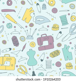 Seamless pattern with tailor sewing elements in doodle style. Vector illustration in colors. 