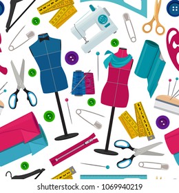 Seamless pattern for tailor shop with different sewing tools