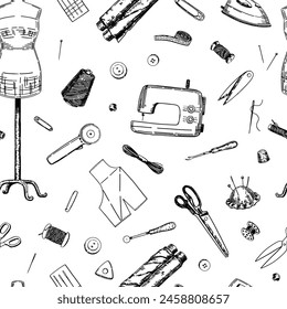 Seamless pattern of tailor tools. Ornament of sewing machine, mannequin, fabrics, threads, needles, scissors, dressmaker equipment.