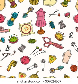Seamless pattern with tailoring equipment. Vector sketch sewing accessories.