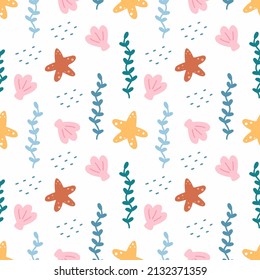 Seamless pattern for tailoring. Printing on fabric and wrapping paper. Wallpaper for nursery. Endless background with algae and starfish. Bottom of sea.