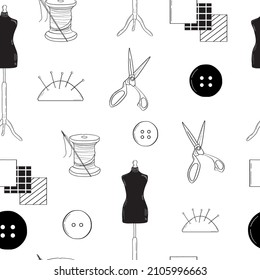 Patrón sin soldadura: sastres, costura. Accesorios para coser: tijeras, maniquí, hilo, portaagujas, tela. El tema de la producción de ropa, hobbies. Fondo infinito.