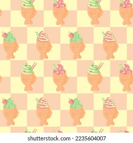 Seamless pattern with taiyaki fish ice cream.