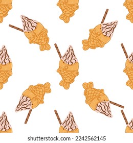 Seamless pattern with taiyaki fish-shaped ice cream cone in cartoon flat style. Hand drawn vector background with traditional Japanese food, sweet, dessert.