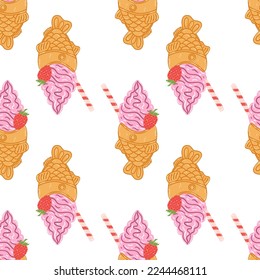 Seamless pattern with taiyaki fish-shaped ice cream cone in cartoon flat style. Hand drawn vector background with traditional Japanese food, sweet, dessert.