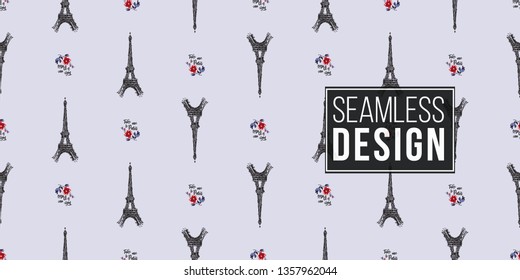 Seamless pattern with take me to Paris sign and rose flowers and Eiffel tower. French symbols hand drawn illustrations. Watercolor style vector background.