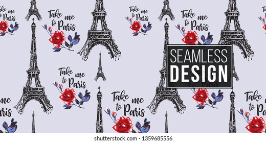Seamless pattern with take me to Paris sing and rose flowers and Eiffel tower. French symbols hand drawn illustrations. Watercolor style vector background.