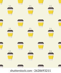 Seamless pattern of takeaway coffee cups with yellow sleeves and steam rising, on a light beige background. Ideal for coffee shop branding, packaging, fabric prints, or digital backgrounds. 