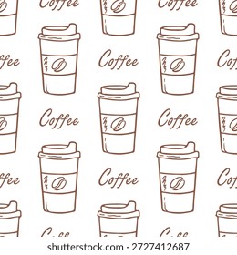 Nahtloses Muster aus Kaffeetassen zum Mitnehmen, handgezeichnete beige Liniengrafik auf weißem Hintergrund. Glas mit Deckel zu gehen und Text. Minimalistischer Vektor-Druck für Verpackungen oder Papierteller im Coffee Shop.