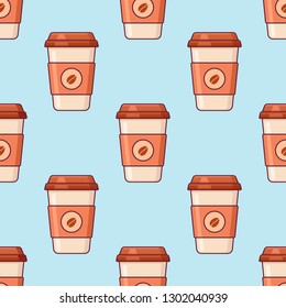 Seamless pattern with takeaway coffee  on blue background. Vector texture.