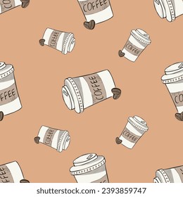 Seamless pattern with takeaway paper coffee cups  on brown background. For wrapping paper, wallpaper, textile. Vector illustration