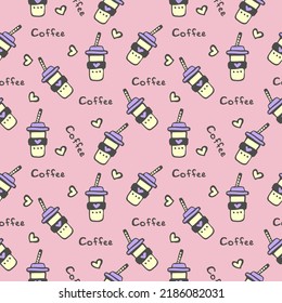 seamless pattern takeaway paper cup with straw, heart symbol, inscription coffee, yellow, purple, pink