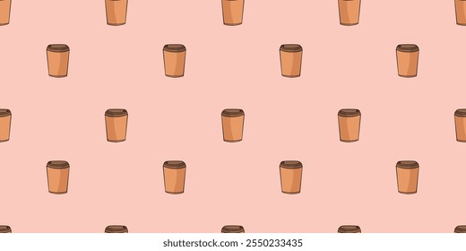 Seamless pattern with takeaway paper or plastic disposable coffee or tea cup doodle vector