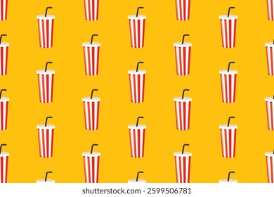 Seamless pattern of takeaway soda cups with straws on a yellow background. Ideal for fast food themes, packaging, and snack bar menus.