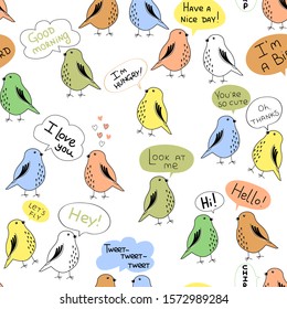Seamless pattern with talking birds. Funny background with cute characters who talks about different topics. Cartoon birds with speech bubbles and text. Communication in society illustration