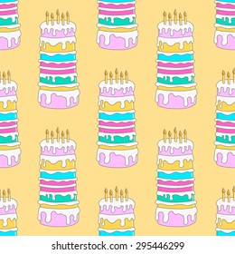 Seamless pattern with tall birthday cakes on yellow background. Yellow, pink, green, blue colors.