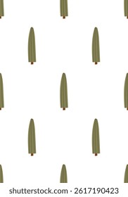 Seamless pattern with tall conifer trees in doodle style. Hand drawn minimalist forest design with vertical shapes. Vector illustration on an isolated background.
