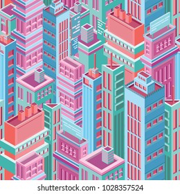 Seamless pattern with tall isometric city buildings, skyscrapers or towers of modern megalopolis. Background with city houses, urban area. Colorful vector illustration for wallpaper, textile print.