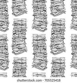 Seamless pattern with tall piles of toasts. Black and white hand drawn image. Lunch pattern. Vector illustration. Building of food