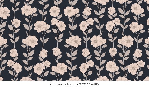 Seamless pattern of tall and slender flowering plants with pale pink blossoms on dark teal background for a vintage floral wallpaper aesthetic.