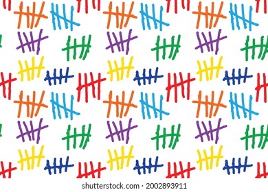 Seamless pattern Tally marks, colorful counting signs on white background. Prison wall sticks lines counter. Vector illustration.