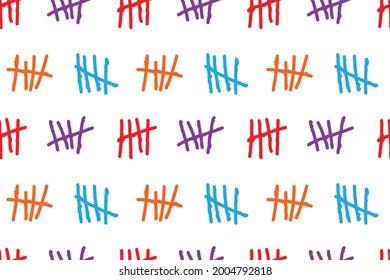 Patrón sin foco Marcas Tally, coloridos signos de conteo en fondo blanco. El mostrador de las líneas de palos de la pared de la prisión. Ilustración vectorial.