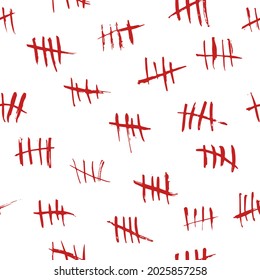 Seamless pattern tally marks. Red bloody hand drawn strokes, sketchy waiting days count, crossed out rough lines background. Decor textile, wrapping paper wallpaper vector print or fabric