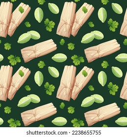Seamless pattern with tamales with cilantro and lime.  Texture with traditional mexican food. Great for wallpapers, menu decor, restaurants.