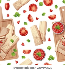 Seamless pattern with tamales and salsa. National Mexican food. Suitable for decorating menus, restaurants, flyers, coupons