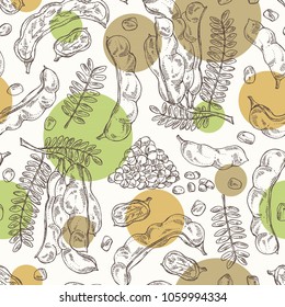 Seamless pattern with tamarindus indica: plant and tamarindus seeds. Vector hand drawn illustration.