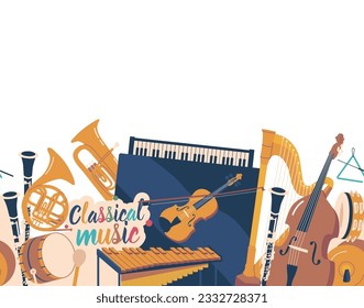 Seamless Pattern With Tambourine, Grand Piano, Xylophone And French Horn. Drum, Cello, Brass Plates And Harp Or Violin