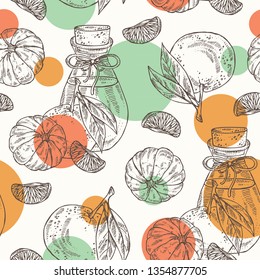 Seamless pattern with tangerine and bottle of tangerine essential oil. Cosmetic, perfumery and medical plant. Vector hand drawn 