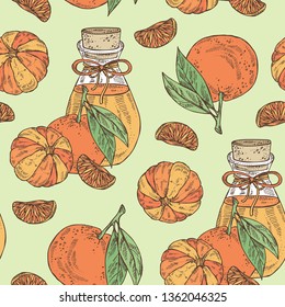 Seamless pattern with tangerine and bottle of tangerine essential oil. Cosmetic, perfumery and medical plant. Vector hand drawn