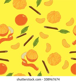seamless pattern tangerine and cinnamon, mandarin leaves and tangerine slices on a bright background