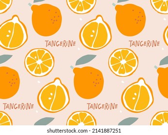 Seamless pattern with Tangerine Fruit with leaves, hand drawn doodle sketch. Flat vector Repeated Food template for menu, nursery design, wallpaper, wrapping, packing, textile, scrapbooking