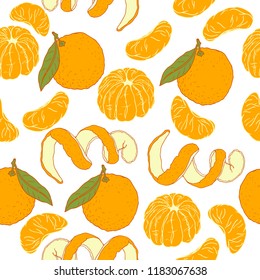 seamless pattern with tangerine, tangerine lobules, zest. Vector image drawn by hand in retro style.