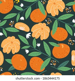 Seamless pattern with tangerines. Abstract art print. Modern design for paper, covers, cards, fabrics, interior items and other users. Vector hand drawn illustration.